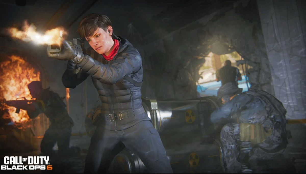 Volta Rossi角色设定图，形象中性，身穿战术装备，背景为情报作战场景