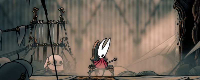 空洞骑士丝之歌中角色在神秘场景中与巨型生物对峙的场景，背景充满丝线缠绕的氛围感