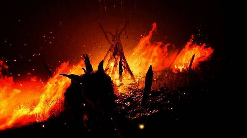 游戏场景展示猎人追踪怪物的紧张画面，周围环境阴森诡异