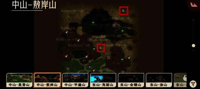 敖岸山区域的莲叶黾刷新点，地图界面高亮显示多个钓点位置，界面下方为钓鱼小游戏操作按钮