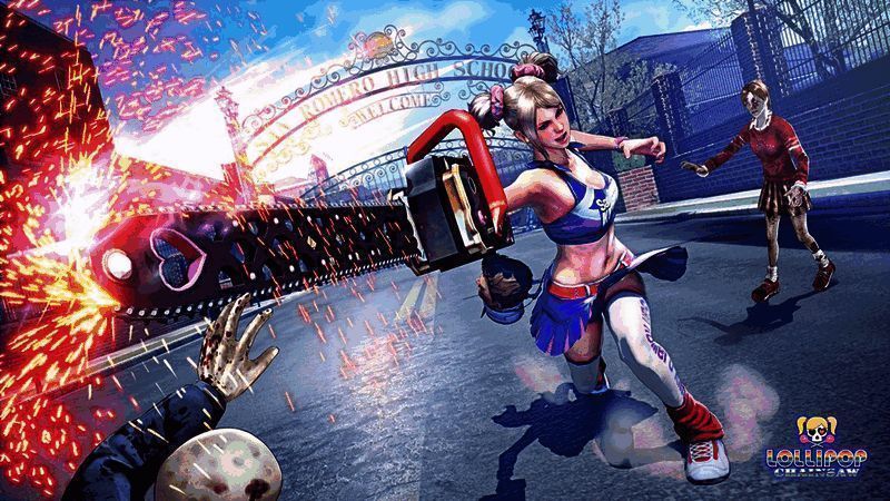 《电锯甜心RePOP》战斗场景截图，主角凌空跃起，电锯挥舞，动作感十足