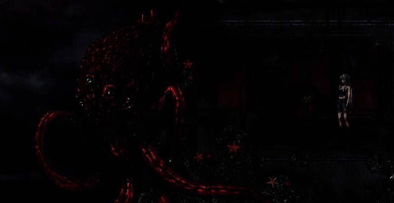 女主角在昏暗环境中探索的场景，气氛紧张压抑