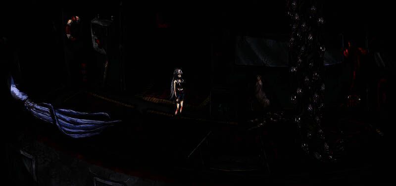 诡异生物在黑暗中窥视的镜头，营造强烈压迫感