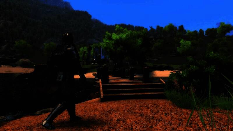 《上古卷轴5》Mod“Skyblivion”黄金海岸场景，森林与城镇交错，画面细腻写实