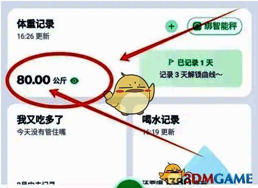 体重记录页面中“体重数据”标签被选中状态展示