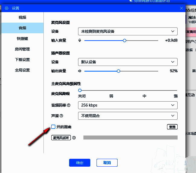音频设置中开启混响选项的界面截图