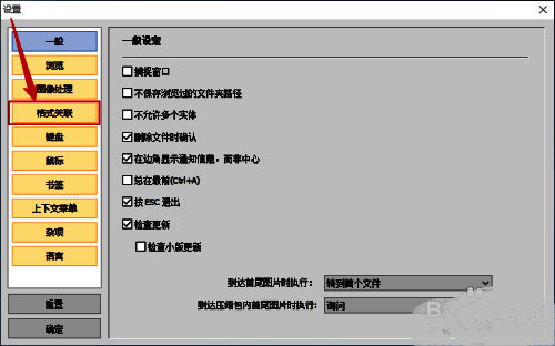 格式关联设置界面截图，左侧为功能列表，右侧为关联设置区域