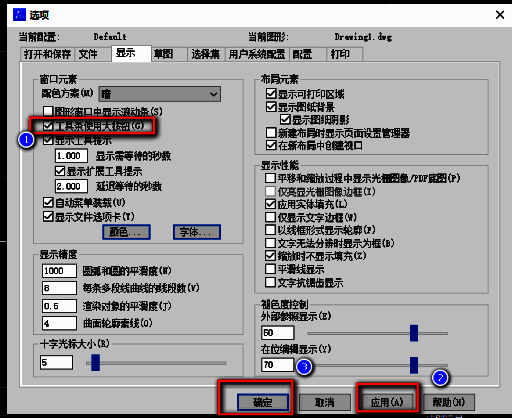 中望CAD显示设置界面截图，突出显示‘使用大字体’选项勾选状态