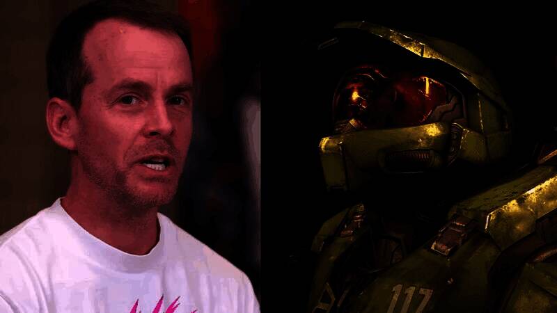 Joseph Staten在游戏开发者大会上的演讲画面，背景为《光环》系列标志性场景