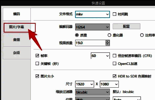 快速设置界面左侧功能栏中的图片与字幕选项