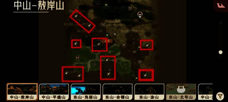 敖岸山地图截图，展示蛮蛮刷新区域与地形特征