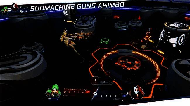 游戏战斗场景截图，展示两位角色在六边形战场上激烈交锋，技能特效华丽，掩体系统清晰可见