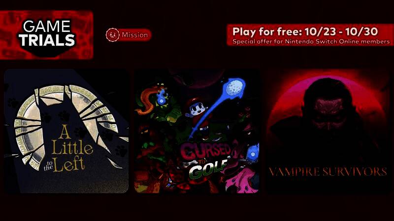 三款游戏封面拼图，包含《往左一点》、《诅咒高尔夫》和《吸血鬼幸存者》的宣传画面