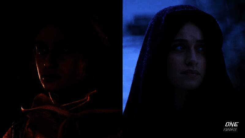 安雅·查洛特拉饰演的女主角游戏形象，身穿特色服饰，眼神坚定