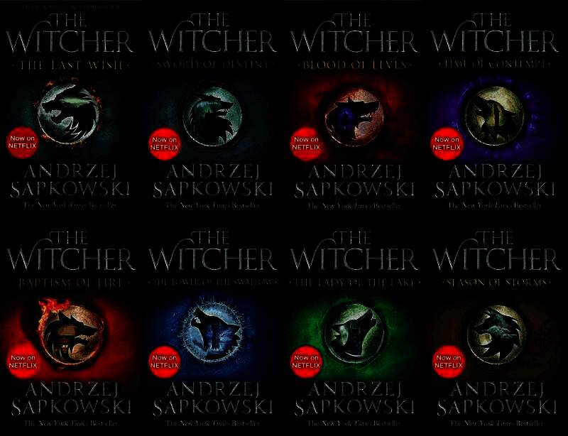 安杰伊·萨普科夫斯基在活动现场演讲画面，背景为《猎魔人》主题展示