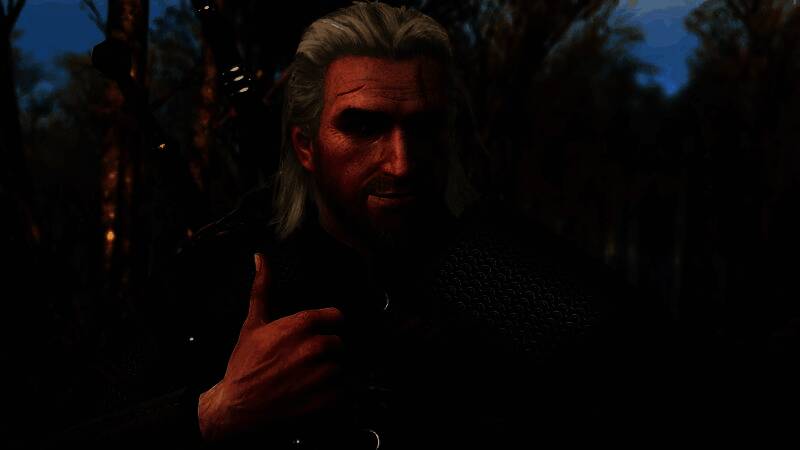 《猎魔人》系列经典角色杰洛特形象展示，手持银剑，身披斗篷，背景为奇幻世界场景