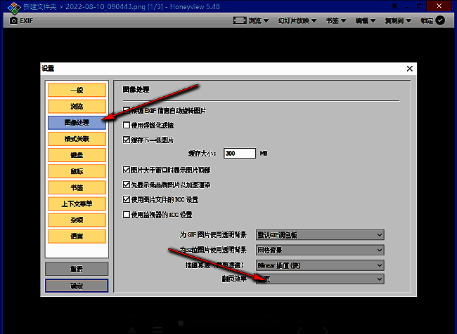 HoneyView设置窗口中图像处理页面，高亮显示翻页效果选项