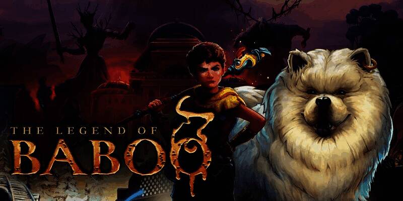 《巴布的传奇》游戏封面图，少年Sepehr与狗狗Baboo并肩站立于魔法光芒之中，背景是被黑暗侵蚀的奇幻岛屿