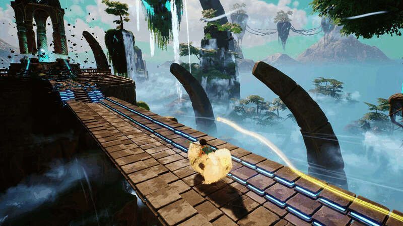 Baboo载着Sepehr飞跃悬崖，下方是翻滚的熔岩河流，天空雷电交加，场面惊险刺激