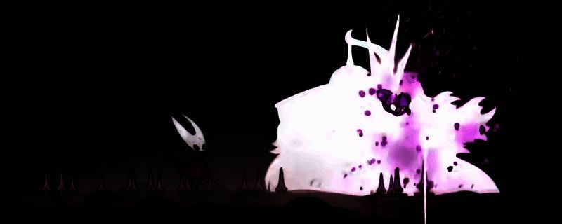 《空洞骑士：丝之歌》中散茧魂渊BOSS战斗场景，角色与巨型茧状敌人激烈对抗