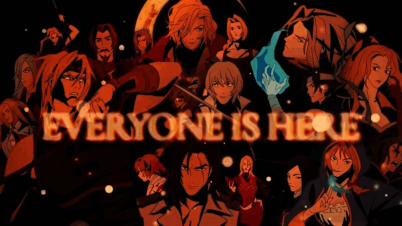 《吸血鬼幸存者》联动《恶魔城》DLC宣传图，画面中展现城堡与角色群像