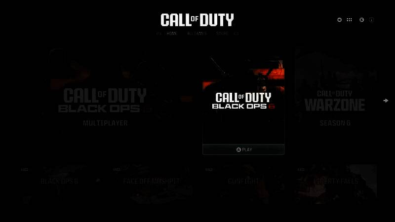 《使命召唤》全新用户界面展示图，主屏幕分为主页、所有游戏和商店三个主要区域，界面风格现代简洁，突出《黑色行动6》和《战区》入口