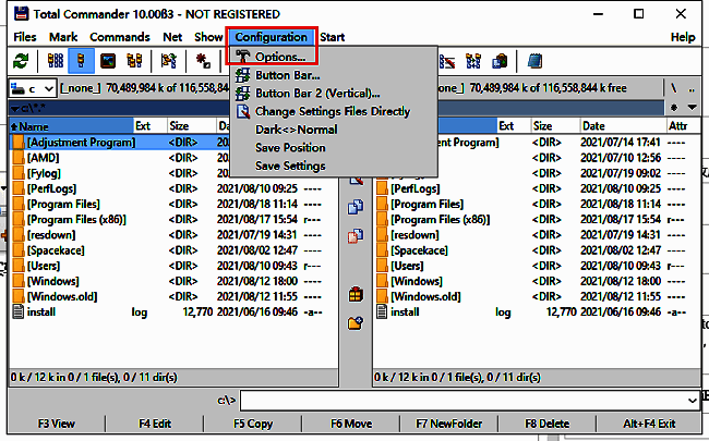 Total Commander设置界面，顶部菜单栏显示configuration选项