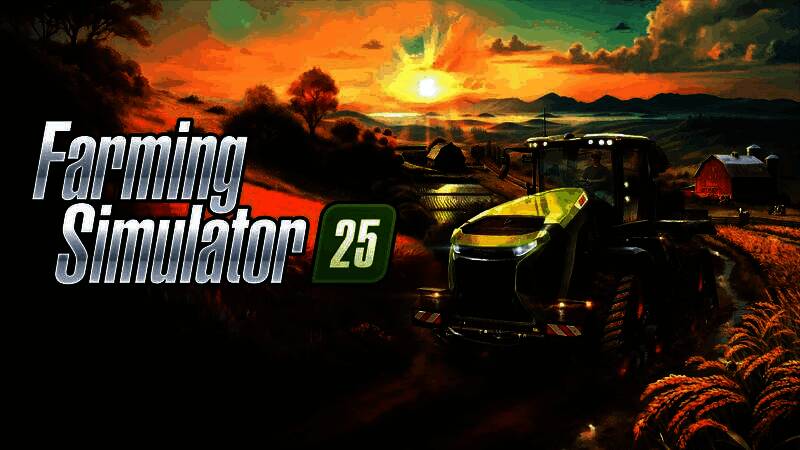 《Farming Simulator 25》游戏封面展示，绿色田野与农机交相辉映