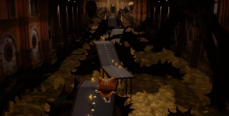 大喵载着暖暖在高速运行的传送带上跳跃，前方有断口和上下移动的冲压装置，紧张感十足