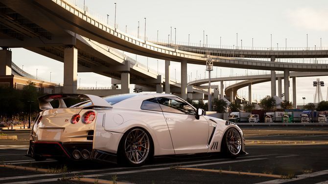 游戏中玩家车库界面，多辆经典日系跑车整齐排列，车辆细节清晰可见，支持自定义涂装