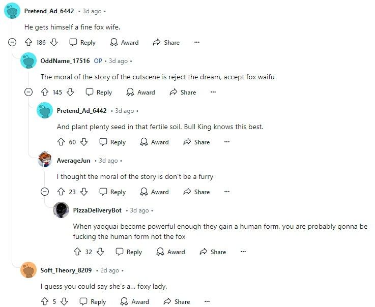 Reddit玩家讨论截图，围绕狐妖角色展开热烈评论