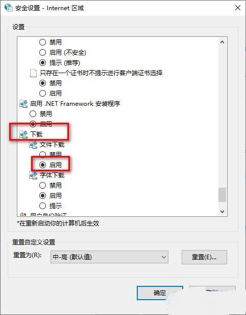 安全设置中文件下载已启用，勾选框被打上对号