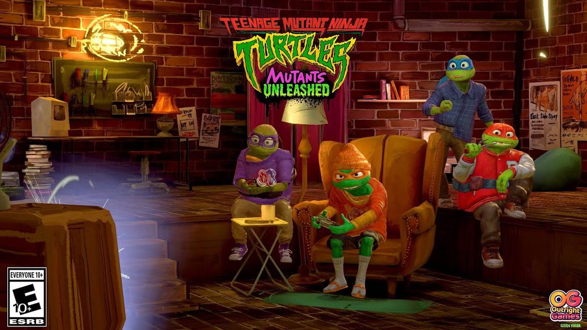 《忍者神龟：变种释放》游戏封面图，四位主角神态各异站立于纽约城市背景前，整体画风卡通动感