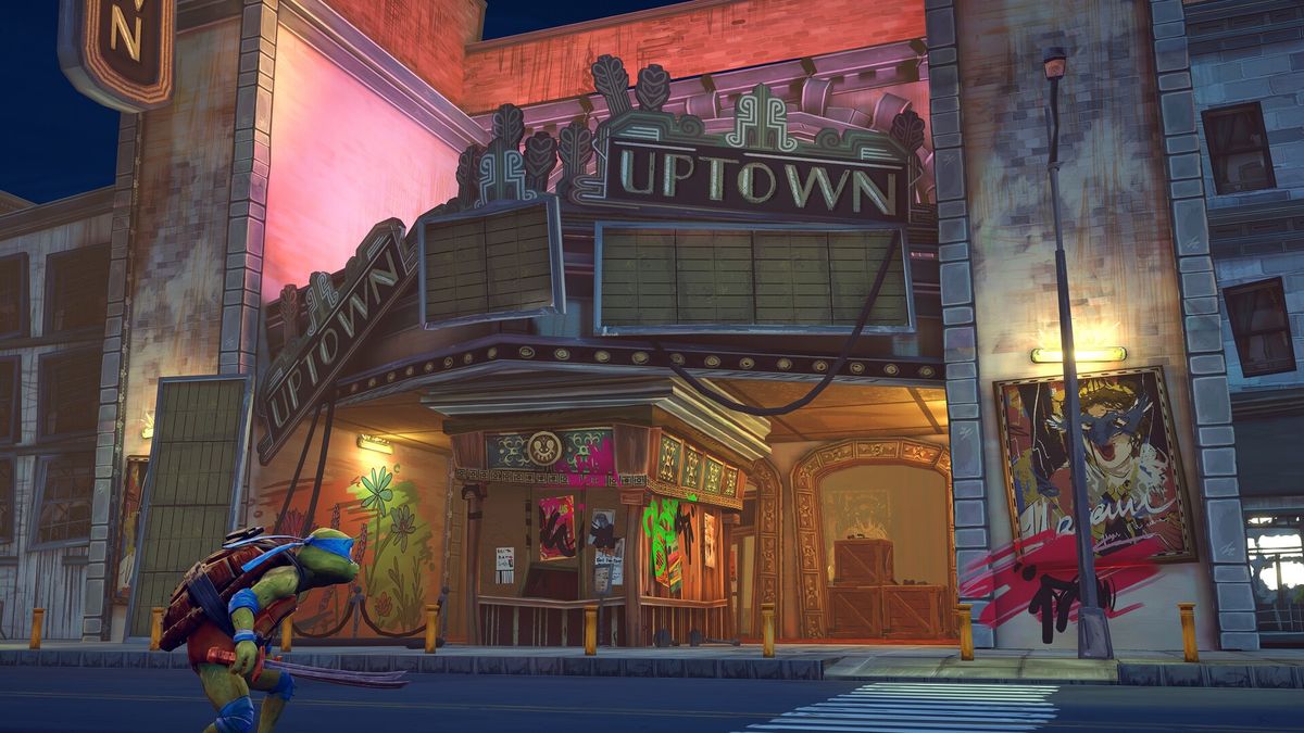 米开朗基罗使用双截棍旋转攻击多名敌人，动作夸张搞笑，周围有卡通化爆炸效果