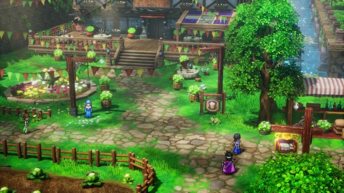 《勇者斗恶龙3 HD-2D 重制版》游戏场景，远处有发光建筑与广阔地形，营造出引人探索的神秘氛围