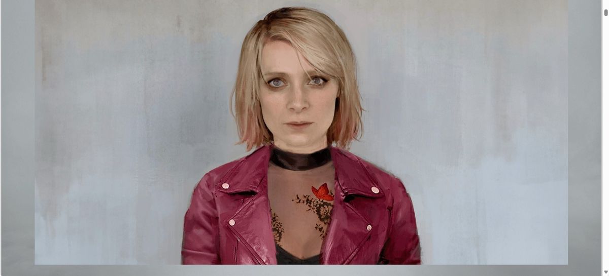 玛丽娅身穿红色连衣裙站在雾中街道的概念图，光影营造出迷离氛围