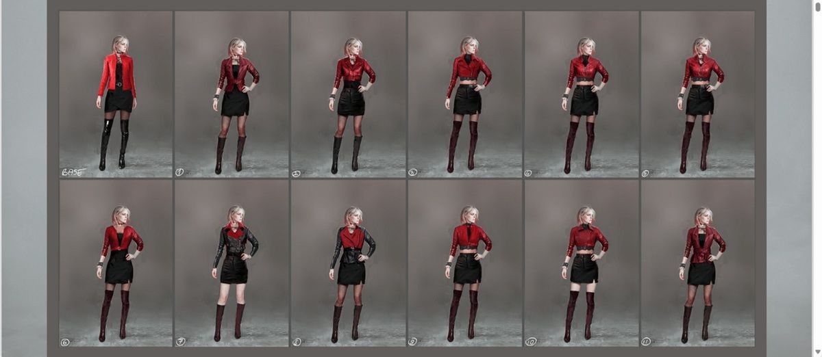 玛丽娅身着类似病号服的白色短裙设计稿，强化其虚幻身份的隐喻