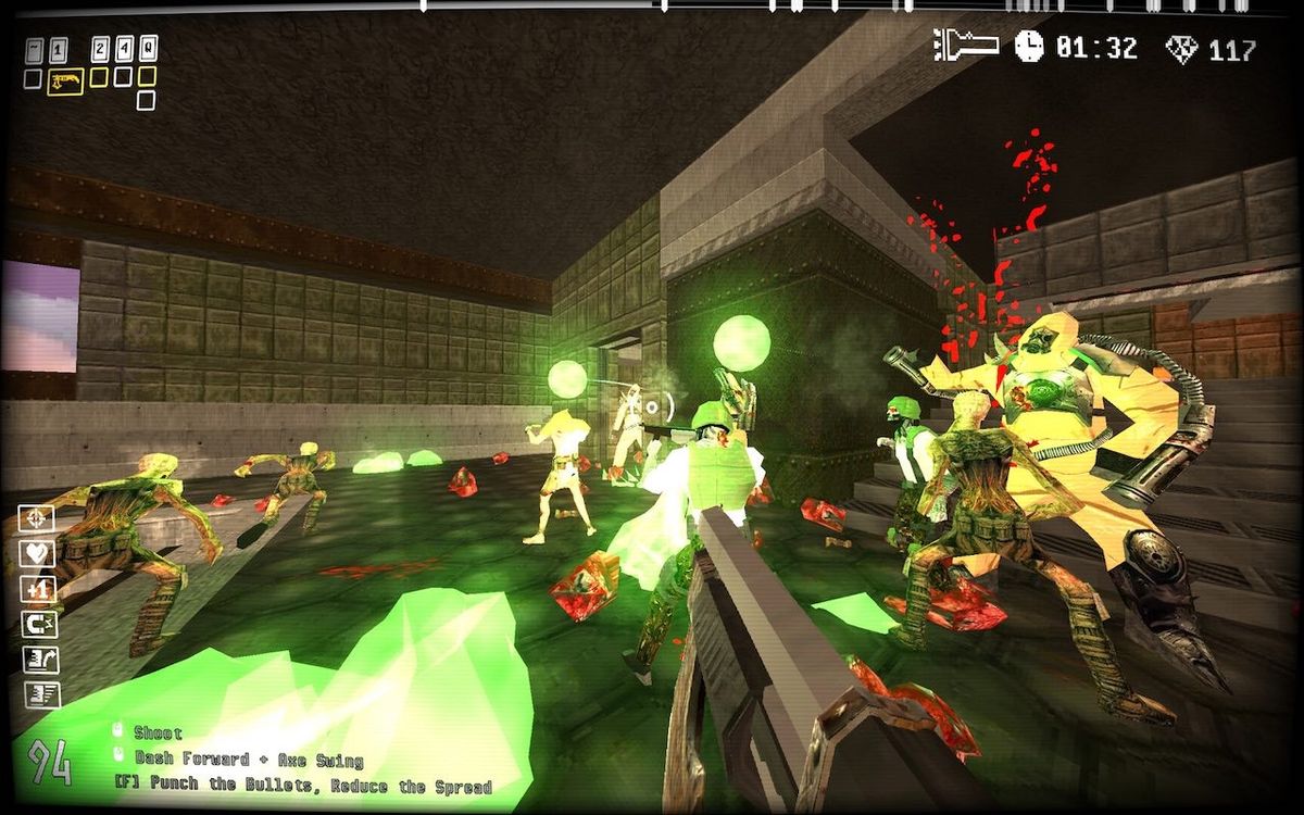 玩家角色在昏暗神庙中与多名持剑敌人激烈交火，画面充满爆炸特效与动态光影