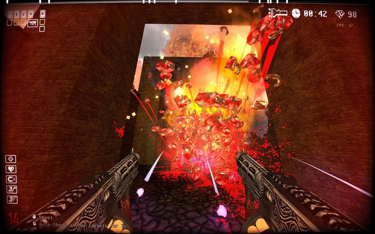 角色使用巨型链锯斧近距离斩杀一头类恶魔生物，血浆四溅，场景血腥而富有张力