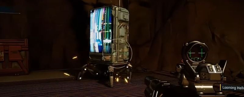 《无主之地4》游戏中五台神秘自动售货机分布在荒野场景中，机器表面刻有奇怪符号，背景为夕阳下的废土城市