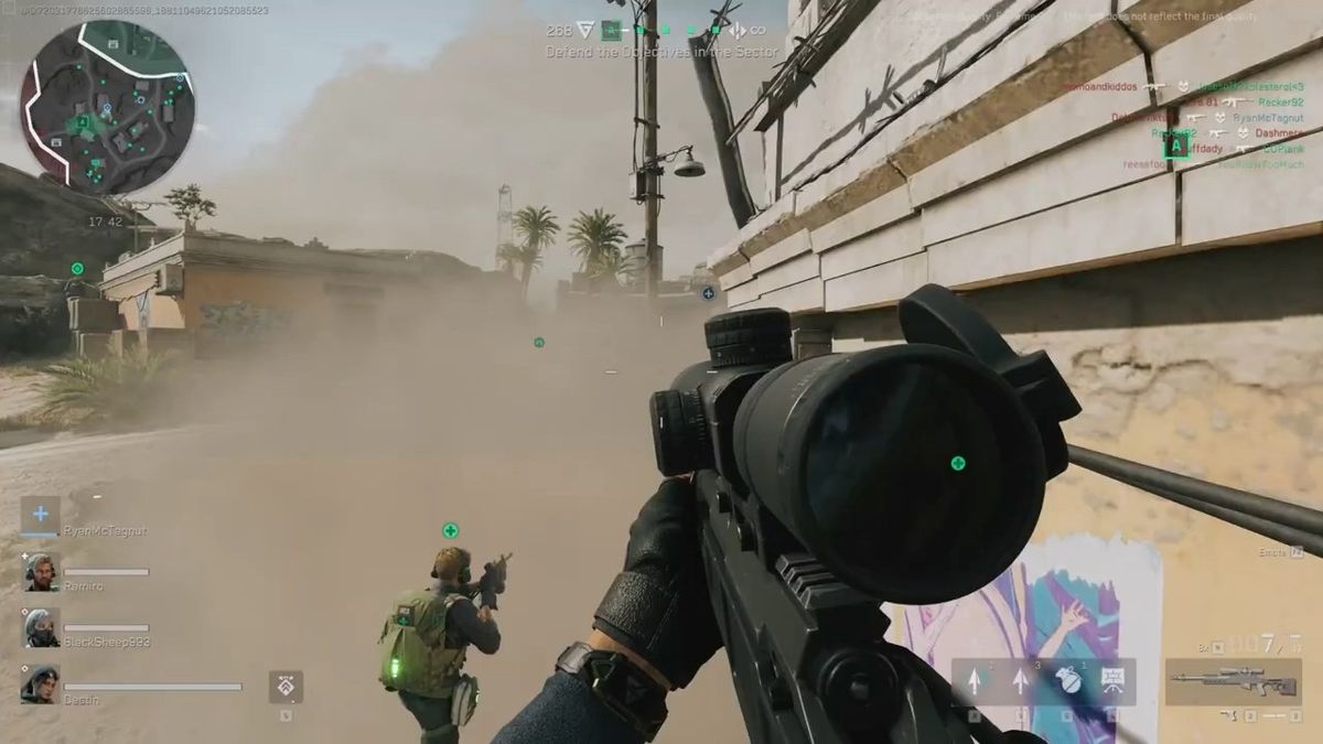 狙击镜视野中敌人逐渐进入瞄准范围，心跳声与呼吸声清晰可闻