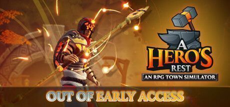 《英雄的安息》游戏主视觉图，展示一座中世纪风格小镇，城墙环绕，魔法光芒闪烁，英雄们在街道上穿行