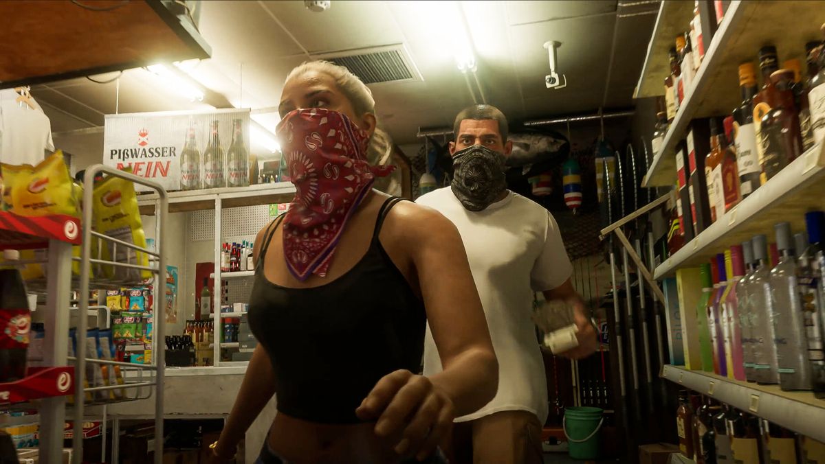 GTA6概念图泄露画面，展示热带城市风貌与多人互动场景，充满未来都市气息