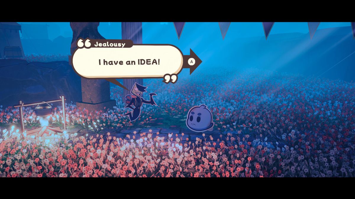 角色与内心碎片对话的剧情场景，对话框由撕裂的纸张构成，情绪氛围沉重