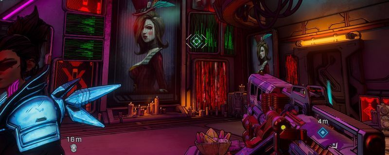 《无主之地4》魔女角色展示绿色树血书与飞刀技能联动特效，画面充满绿色能量漩涡与飞刀穿透敌人