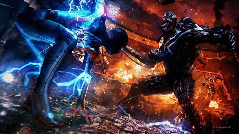 两名蜘蛛侠并肩站立于帝国大厦顶端，俯瞰灯火通明的纽约全景