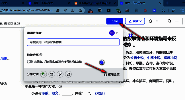 飞书文档顶部分享按钮特写，鼠标悬停在权限设置选项上，界面提示清晰