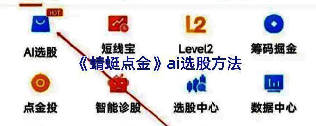 蜻蜓点金APP首页界面展示，页面清晰标注‘更多’与‘AI选股’入口位置