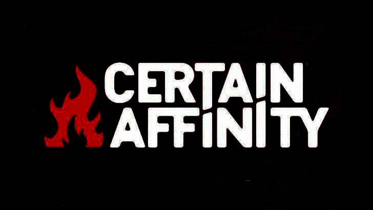 Certain Affinity工作室团队合影，背景为《光环》游戏画面与公司标志