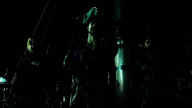 剧情过场画面，真岛与诺亚在夜晚的篝火旁交谈，神情凝重